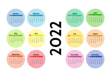 2022 takvimi beyaz arka planda izole edildi. Pazardan pazartesiye, iş planı. Vektör illüstrasyonu