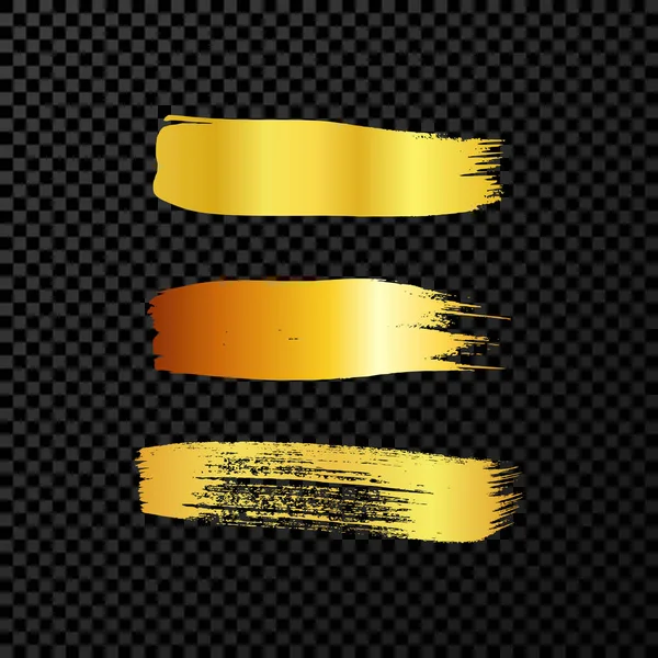 Gouden Grunge Penseelstreken Set Van Drie Beschilderde Inktstrepen Inktvlek Geïsoleerd — Stockvector
