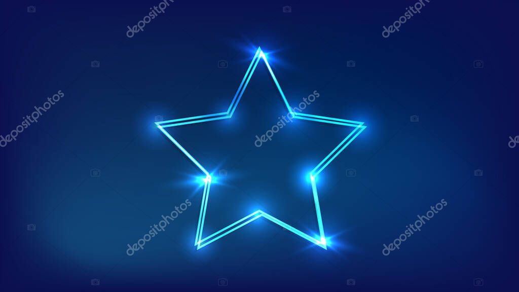 Neon double star frame with shining effects on dark background. Empty glowing techno backdrop. Vector illustration.
