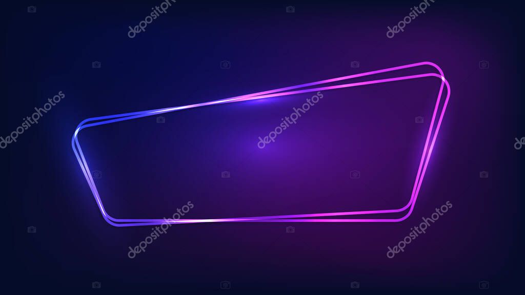 Neon double rounded frame with shining effects on dark background. Empty glowing techno backdrop. Vector illustration.