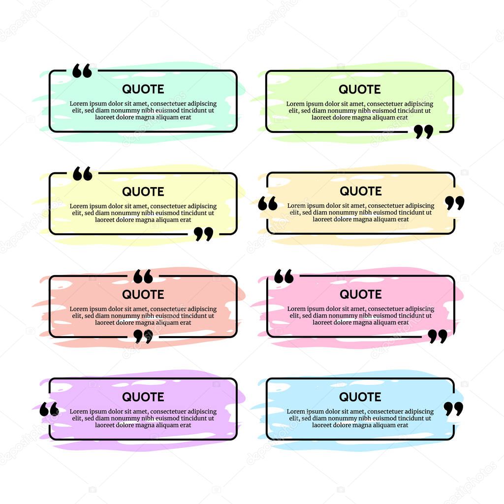 Set of eight black rounded rectangular quote box frames with colour smears isolated on white background. Vector illustration