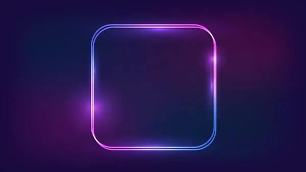 Neon Dubbel Afgerond Vierkant Frame Met Stralende Effecten Donkere Achtergrond — Stockvector