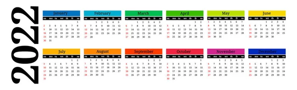 Horizontal Calendar 2022 Isolated White Background Sunday Monday Business Template — Stock Vector