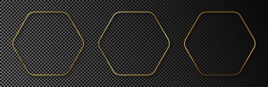 Koyu şeffaf arkaplanda izole edilmiş üç adet parlak yuvarlak altıgen çerçeve. Parlak efektli parlak bir çerçeve. Vektör illüstrasyonu.