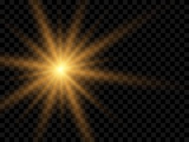 Şeffaf bir arkaplanda güneş ışığı. İzole edilmiş sarı ışık demetleri. Vektör illüstrasyonu