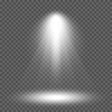 Spot ışıklarıyla birlikte soğuk beyaz ışık. Koyu şeffaf bir arkaplanda sahne aydınlatma efektleri. Vektör illüstrasyonu