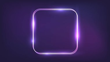 Neon çift yuvarlak kare çerçeve ve koyu arkaplanda parlak efektler. Boş parlayan tekno fon. Vektör illüstrasyonu.