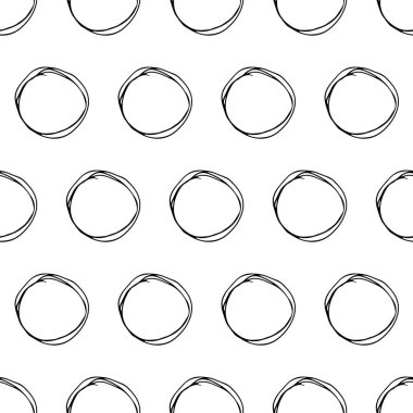 Kusursuz desenli, el çizimi, beyaz zemin üzerine çizilmiş karalama çemberleri. Soyut grunge dokusu. Vektör illüstrasyonu