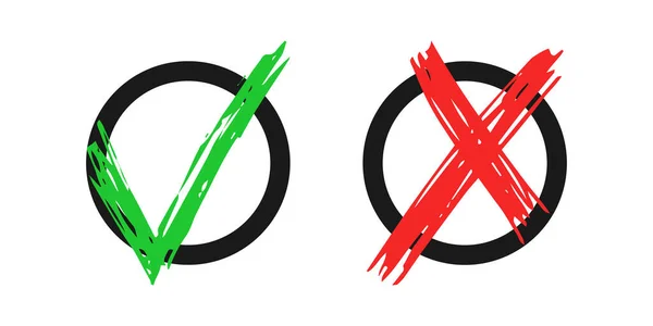 手绘检查和交叉符号元素隔离在白色背景上 用黑色圆圈图标勾画出绿色和红色的对勾 矢量说明 — 图库矢量图片