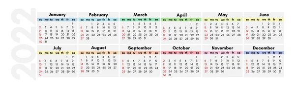 Горизонтальный Календарь 2022 Год Изолирован Белом Фоне Воскресенья Понедельник Бизнес — стоковый вектор