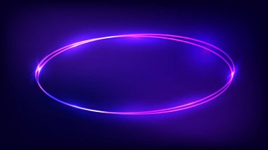Karanlık arka planda parlak efektleri olan neon çift oval çerçeve. Boş parlayan tekno fon. Vektör illüstrasyonu.
