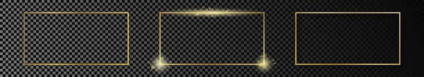 Набір Трьох Золотих Сяючих Рам Прямокутної Форми Ізольованих Темному Прозорому — стоковий вектор
