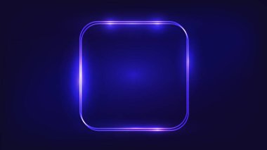Neon çift yuvarlak kare çerçeve ve koyu arkaplanda parlak efektler. Boş parlayan tekno fon. Vektör illüstrasyonu.