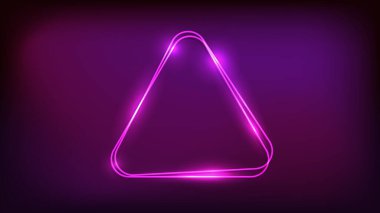 Neon ikili yuvarlak üçgen çerçeve, üzerinde parlak efektler var. Boş parlayan tekno fon. Vektör illüstrasyonu.