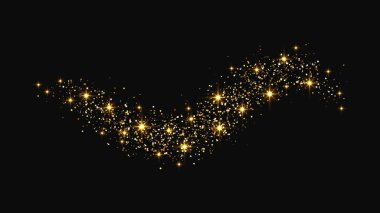 Altın parıldayan konfeti dalgası ve yıldız tozu. Koyu arkaplanda altın sihirli parıltılar. Vektör illüstrasyonu