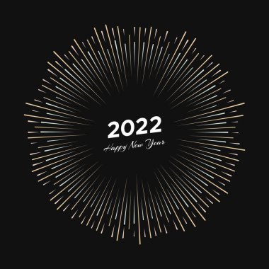 2022 yazısıyla havai fişek ve mutlu yıllar. Siyah arka planda izole edilmiş çizgi ışınlı Noel kartı patlaması. Vektör illüstrasyonu