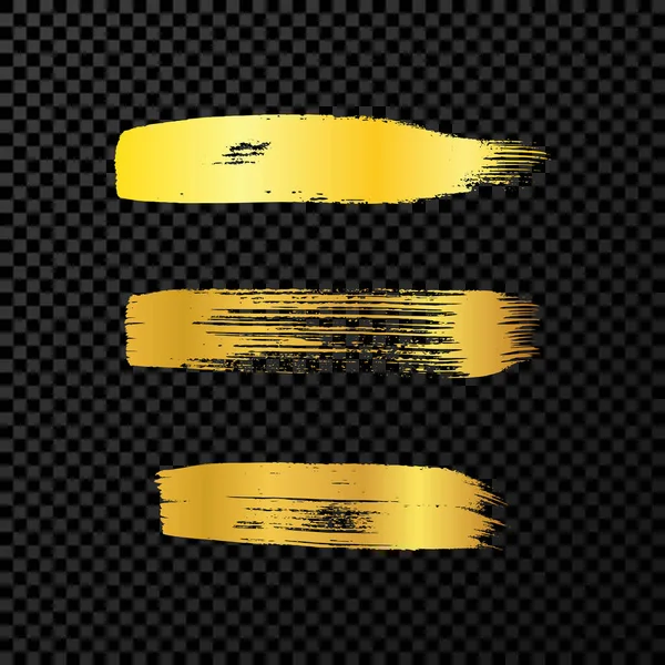 Goldene Grunge Pinselstriche Set Aus Drei Bemalten Tintenstreifen Tintenfleck Isoliert — Stockvektor