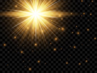 Şeffaf bir arkaplanda güneş ışığı. İzole edilmiş sarı ışık demetleri. Vektör illüstrasyonu