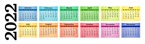 Calendario Horizontal Para 2022 Aislado Sobre Fondo Blanco Domingo Lunes — Vector de stock