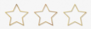 Şeffaf arkaplanda izole edilmiş üç altın parıldayan yıldız şekli. Parlak efektli parlak bir çerçeve. Vektör illüstrasyonu.