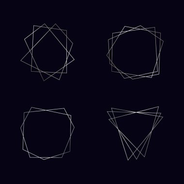 Dört gümüş geometrik poligonal çerçeve seti. Parlak efektler koyu arkaplanda izole edilmiş. Parlak sanat deco arkaplanı boş. Vektör illüstrasyonu.