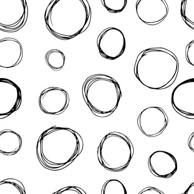 Kusursuz desenli, el çizimi, beyaz zemin üzerine çizilmiş karalama çemberleri. Soyut grunge dokusu. Vektör illüstrasyonu