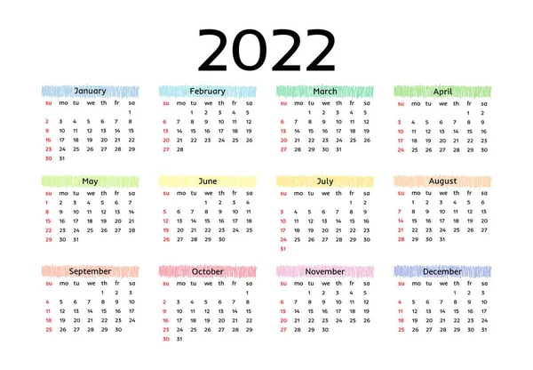 Календар 2022 Рік Ізольовано Білому Тлі Неділя Понеділок Бізнес Шаблон — стоковий вектор