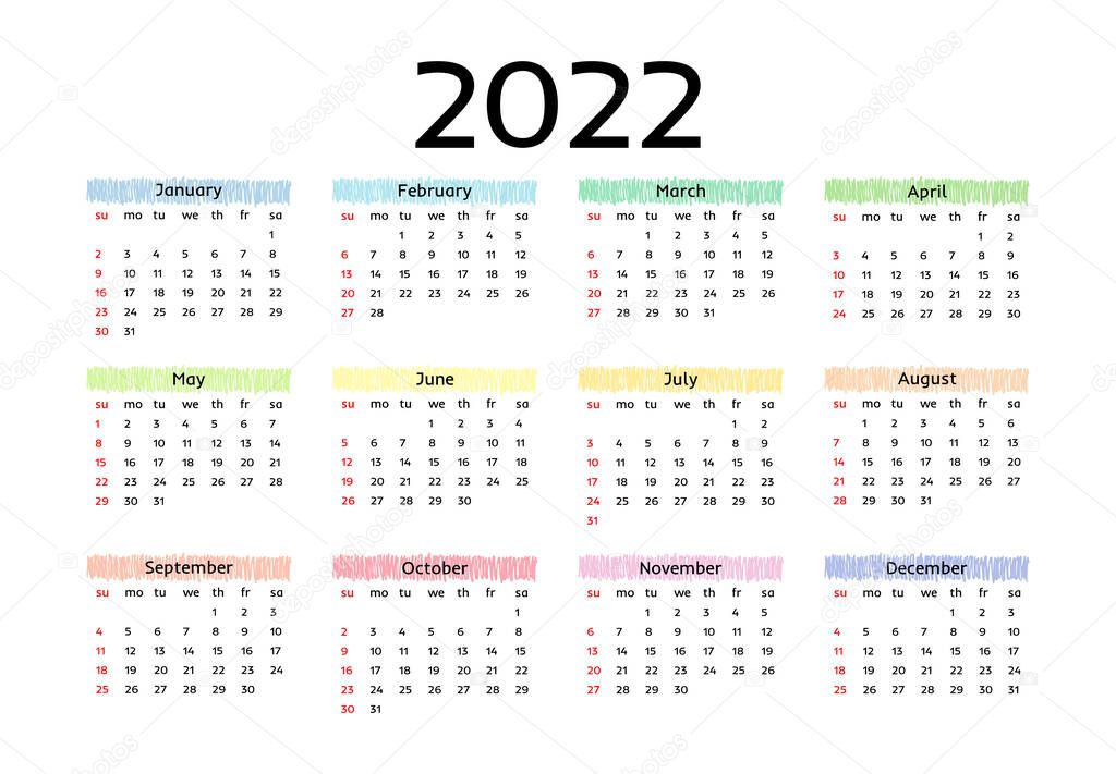 Calendar for 2022 isolated on a white background. Sunday to Monday, business template. Vector illustration