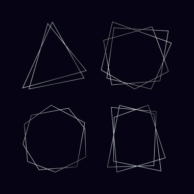 Dört gümüş geometrik poligonal çerçeve seti. Parlak efektler koyu arkaplanda izole edilmiş. Parlak sanat deco arkaplanı boş. Vektör illüstrasyonu.