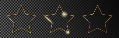 Koyu şeffaf arka planda izole edilmiş üç altın parıldayan yıldız şekli. Parlak efektli parlak bir çerçeve. Vektör illüstrasyonu.