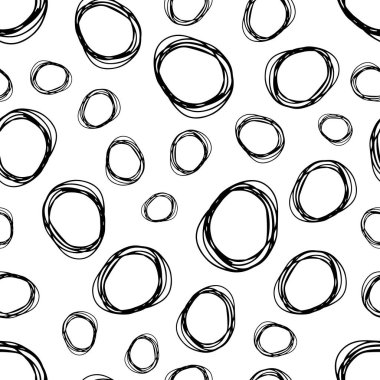 Kusursuz desenli, el çizimi, beyaz zemin üzerine çizilmiş karalama çemberleri. Soyut grunge dokusu. Vektör illüstrasyonu