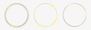 Şeffaf arkaplanda izole edilmiş üç adet altın parlayan daire çerçevesi. Parlak efektli parlak bir çerçeve. Vektör illüstrasyonu.