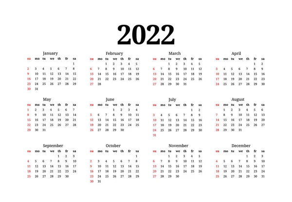 Calendário Para 2022 Isolado Fundo Branco Domingo Segunda Feira Modelo — Vetor de Stock