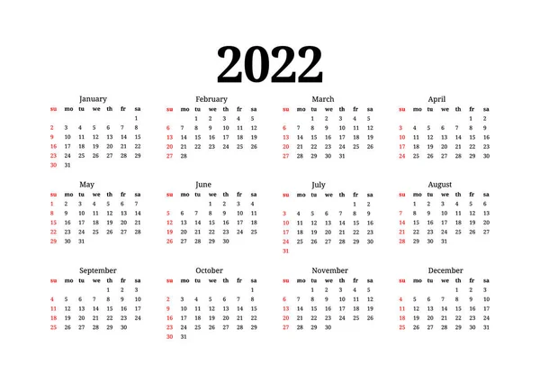 Calendario Para 2022 Aislado Sobre Fondo Blanco Domingo Lunes Plantilla — Vector de stock