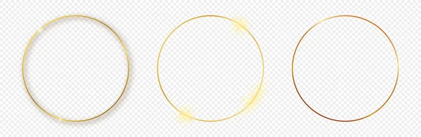 Uppsättning Tre Guld Glödande Cirkel Ramar Isolerad Transparent Bakgrund Glänsande — Stock vektor
