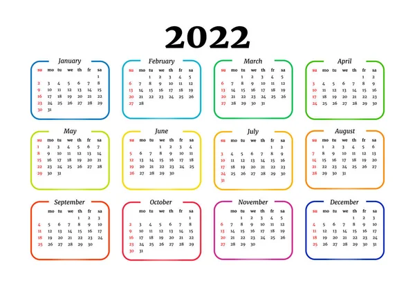 Calendário Para 2022 Isolado Fundo Branco Domingo Segunda Feira Modelo — Vetor de Stock