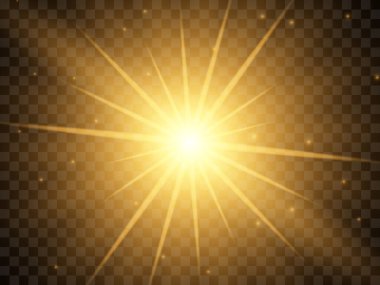 Şeffaf bir arkaplanda güneş ışığı. İzole edilmiş sarı ışık demetleri. Vektör illüstrasyonu