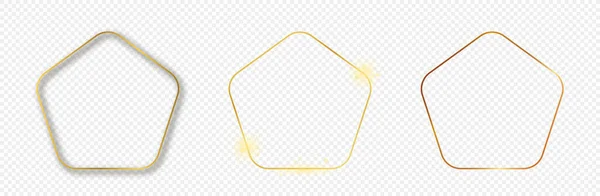 透明な背景に孤立した3つの金の輝く丸みを帯びた五角形の形のフレームのセット 輝く効果を持つ光沢のあるフレーム ベクターイラスト — ストックベクタ