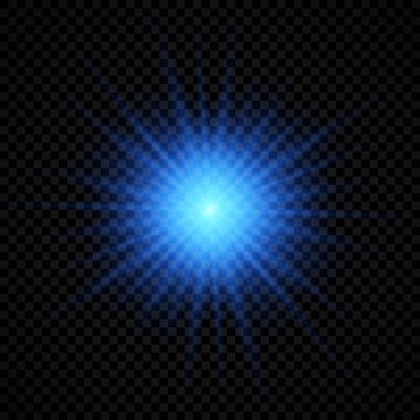 Lens fişeklerinin ışık etkisi. Şeffaf bir arka planda parıldayan mavi ışıklar yıldız patlaması efektleri. Vektör illüstrasyonu