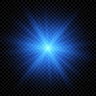 Lens fişeklerinin ışık etkisi. Şeffaf bir arka planda parıldayan mavi ışıklar yıldız patlaması efektleri. Vektör illüstrasyonu