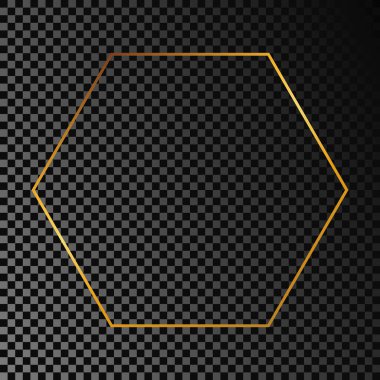 Altın parıldayan altıgen çerçeve koyu şeffaf arkaplanda izole edilmiş. Parlak efektli parlak bir çerçeve. Vektör illüstrasyonu.
