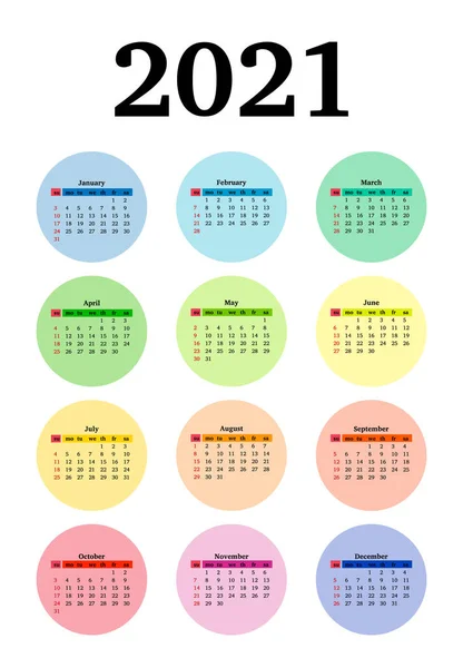 Calendar 2021 Isolated White Background Sunday Monday Business Template Vector — Stock Vector