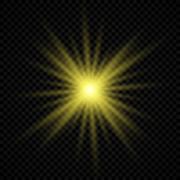レンズフレアの光効果 輝く黄色のライトは 透明な背景に輝きとバースト効果を開始します ベクターイラスト — ストックベクタ