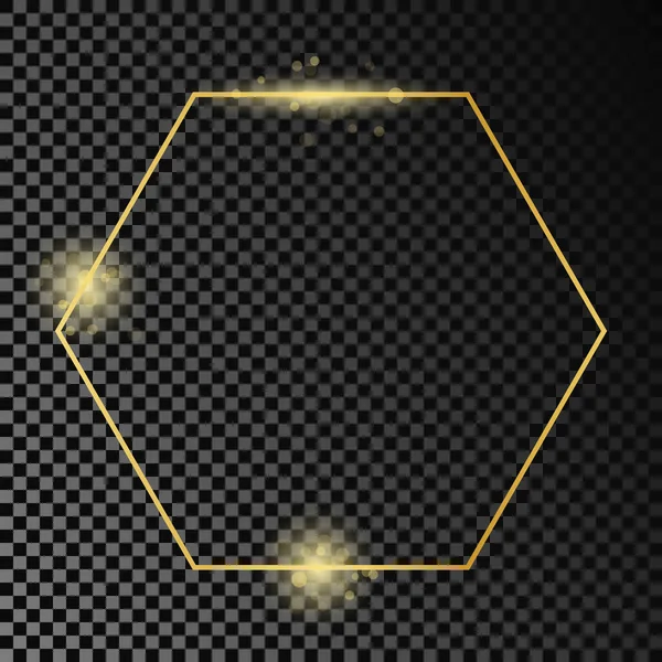 Золота Сяюча Шестикутна Рамка Ізольована Темному Прозорому Фоні Блискуча Рамка — стоковий вектор