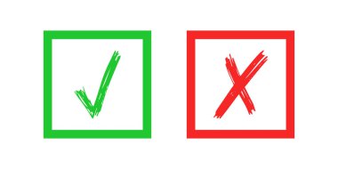 Beyaz arka planda el çizimi ve çapraz işaret elementleri izole edildi. Grunge yeşil işaretli tamam ve kare simgelerle kırmızı X. Vektör illüstrasyonu