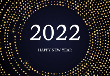 2022 Mutlu Yeni Yıl 'lar. Çember şeklinde altın parıltısı deseni. Soyut altın rengi, yarım tonlu, koyu arkaplandaki Noel tebrik kartı için noktalı arkaplan. Vektör illüstrasyonu