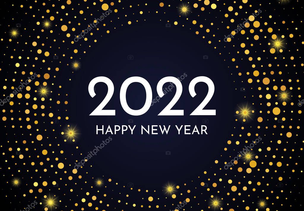 2022 Happy New Year of gold glitter pattern in circle form. Abstract gold glowing halftone dotted background for Christmas holiday greeting card on dark background. Vector illustration