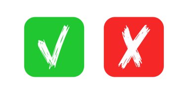 Beyaz arka planda el çizimi ve çapraz işaret elementleri izole edildi. Yuvarlak kare simgelerin üzerine Grunge karalama yeşili, tamam ve kırmızı X işareti. Vektör illüstrasyonu