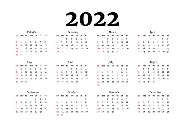 2022 달력은 배경에 분리되어 있었다 일요일부터 월요일까지 비즈니스 템플릿 일러스트 — 스톡 벡터