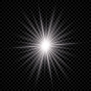 Lens parlamasının ışık efekti. Beyaz parlayan ışık, şeffaf bir arkaplanda yıldız patlaması efektleri ve parıltılarla patlar. Vektör illüstrasyonu